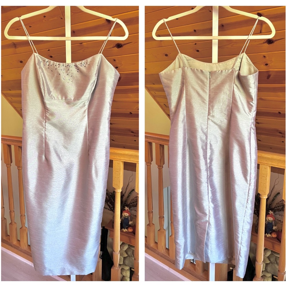 Vintage 80s Patra Metallic Silver Beaded Strappy Midi Dress Size 6